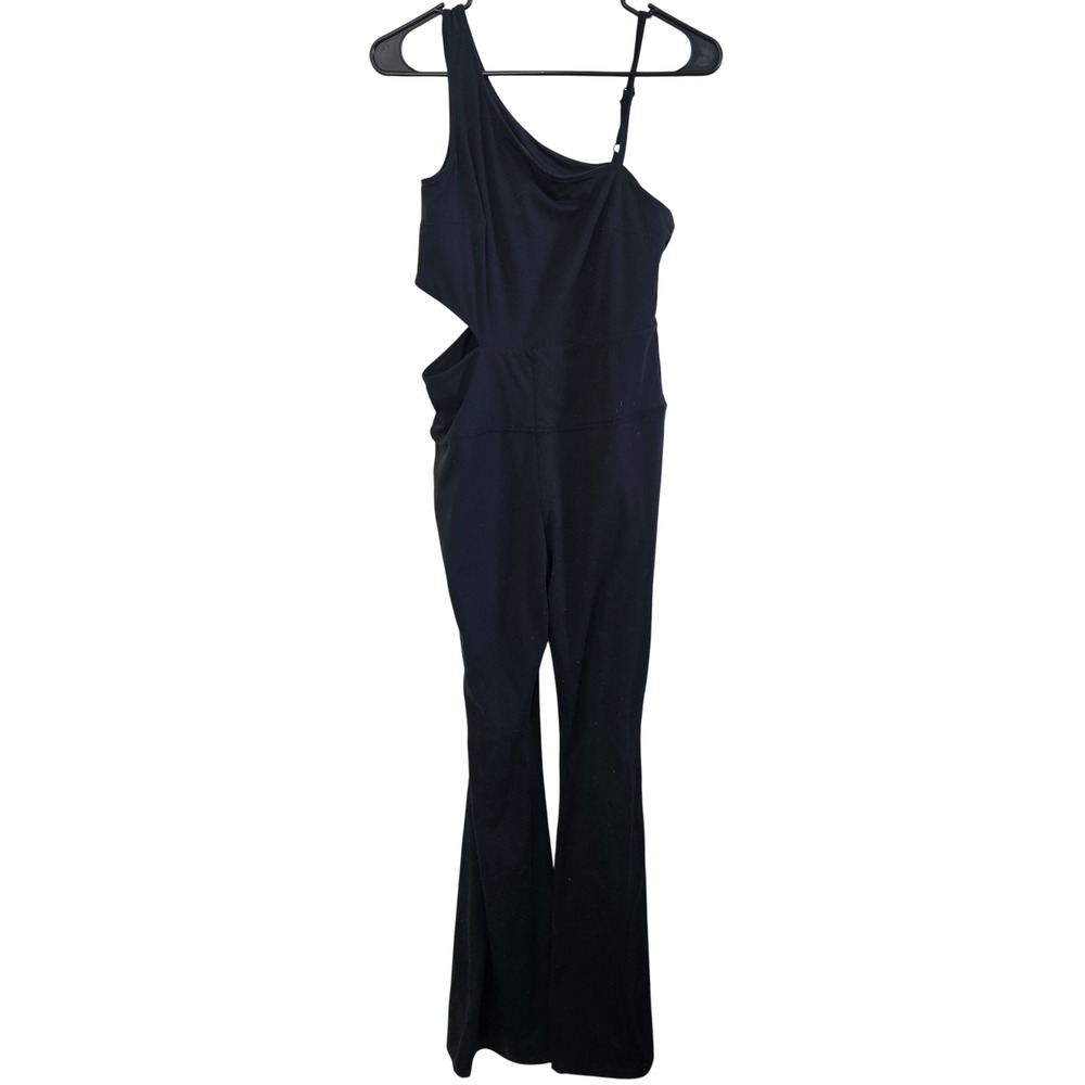 JoyLab Womens One Shoulder Cutout Flare Leg Jumpsuit Black Medium Activewear